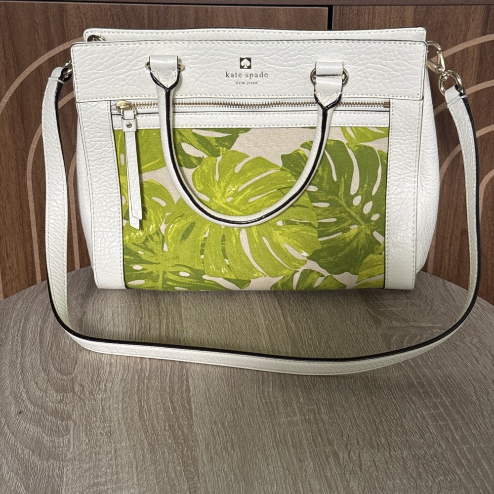 Kate Spade Perri Lane Romy White Leather Bag W/ Green Palm Monstera Leaf Print